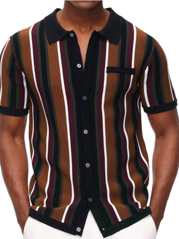 Single Breasted Color Contrast Stripe Short Sleeve Shirt