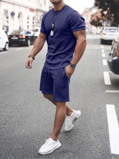 Men's Casual Solid Color Short Sleeve Shorts Two-Piece Set