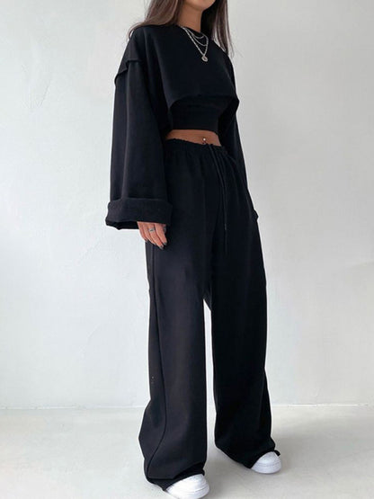 Fashion pullover long-sleeved navel sweater + suspender straight-leg wide-leg pants three-piece set